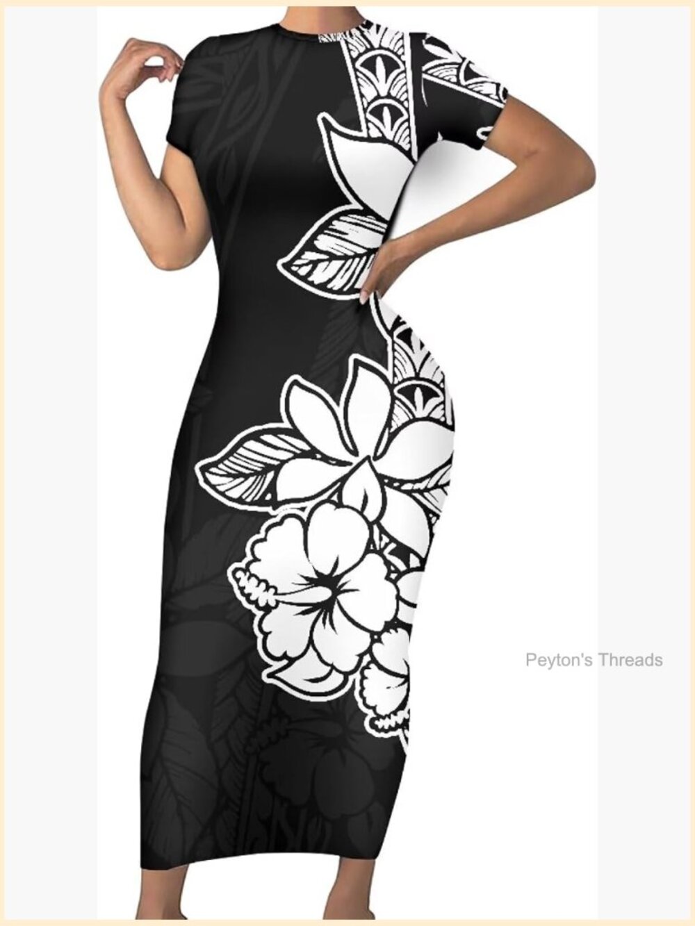 Short Sleeve Bodycon Polynesian Tribal Maxi Dress Puletasi Samoan Club Party